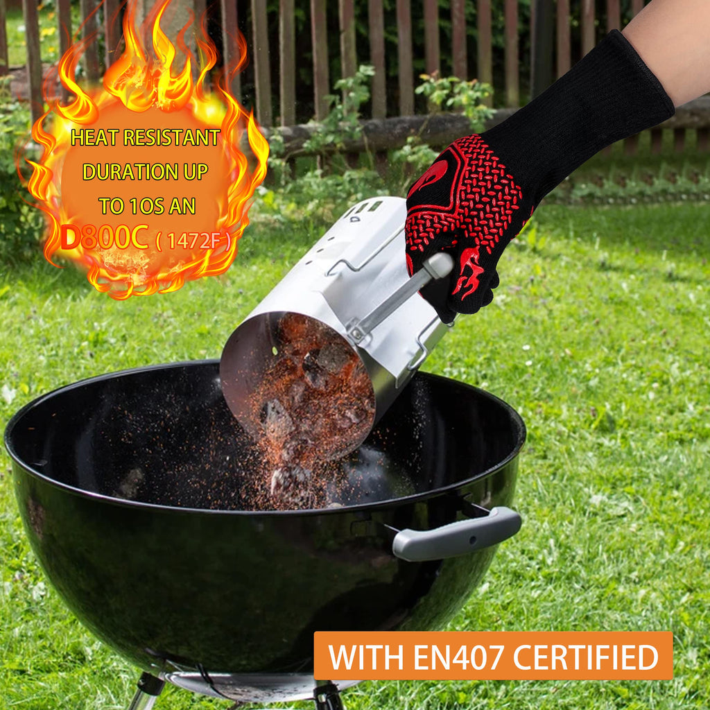 BBQ Gloves 1472F Heat Resistant Non-Slip Silicone 13.8in (Red)