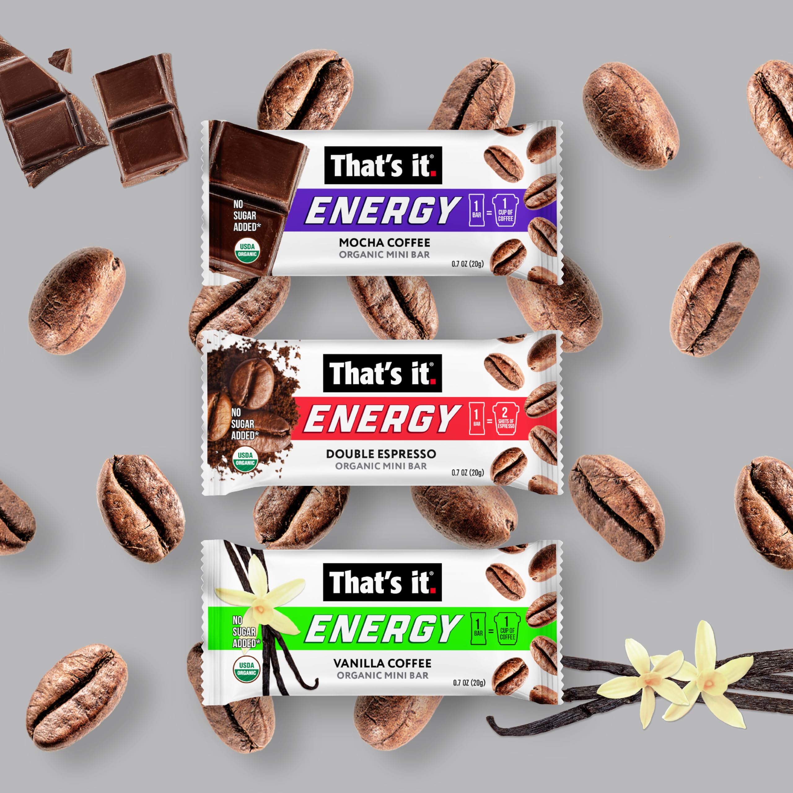 That’s it. Organic Energy Coffee Mini Bars - (6 each of Vanilla, Mocha, Double Espresso) Grab and Go, No Added Sugars, Non-GMO, Caffeine Power Snack, Kosher, Allergy Friendly (Variety - 18 Count)