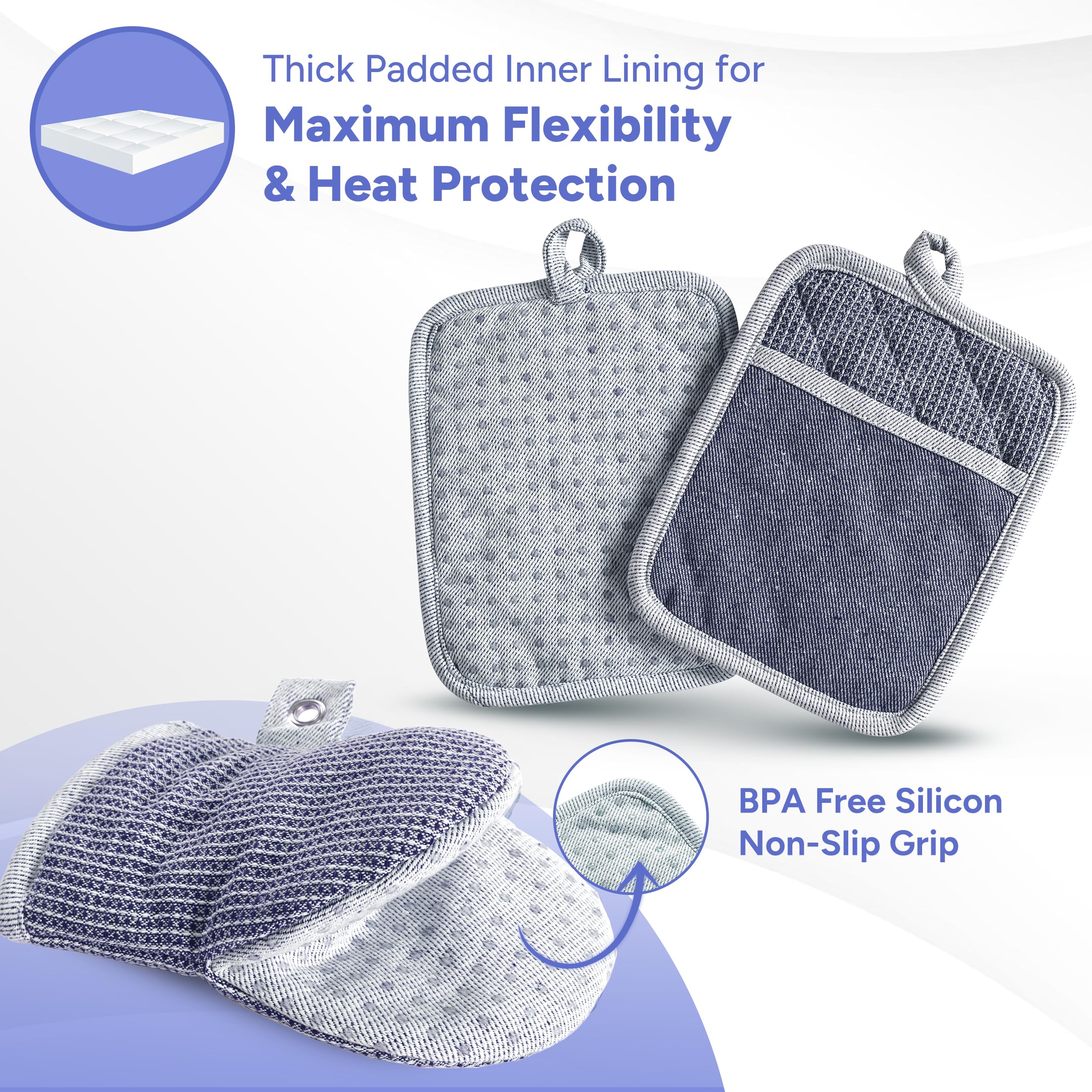 Casa Platino Mini Oven Mitts Set, 8-Piece – 500°F Heat Resistant Silicone Oven Mitt, Potholders for Kitchens, 2 Kitchen Towels & 2 Dish Cloths – Non-Slip & Durable – Indigo