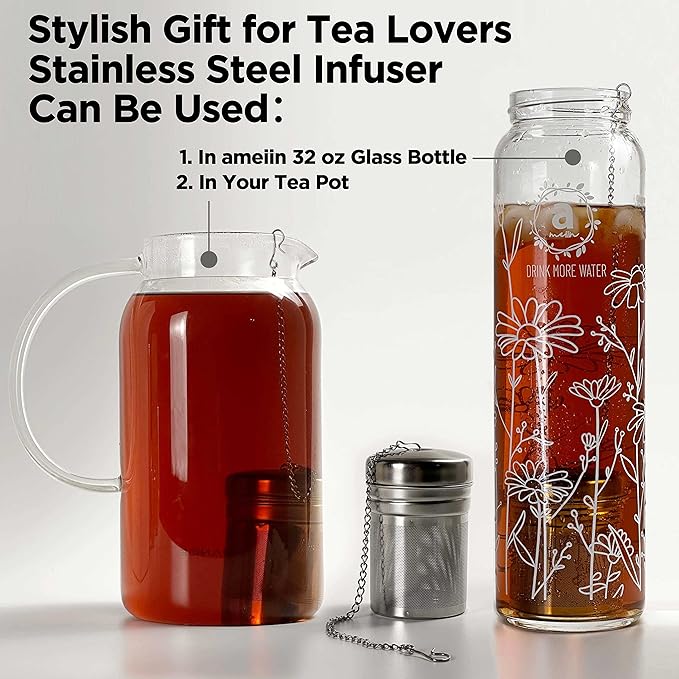 32oz Borosilicate Glass Water Bottle with Bamboo Lid and 2 Tea Infuser Sets for Fruit Infused Water and Cold Brew Coffee - Tea Strainer for Loose Leaf Tea (Flower)