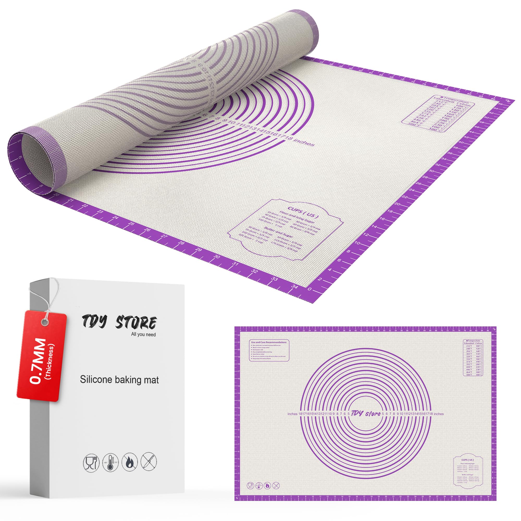 28 * 20 inches purple, non-slip silicone baking sheets - baking mat with 0.7mm thickness - non-stick pastry & cookie mat for kitchen counter for rolling out dough with measurements.
