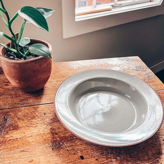 Mora Ceramic Wide Rimmed Soup Bowl 25oz, Set of 4 - For Pasta, Italian, Spaghetti, Dipping Bread, Fancy Dinner etc. Large Plate/Bowls Hybrid For Everyday & Restaurant Use, Large Flat Rim - Earl Grey