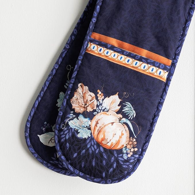 Maison d' Hermine Double Oven Mitts 100% Cotton 7"x35" Double Oven Mitt Heat Resistant BBQ Cooking Gloves with Loop, Baking, Grilling, Home, Kitchen, Handling Hot Pans (Pumpkin Blues)