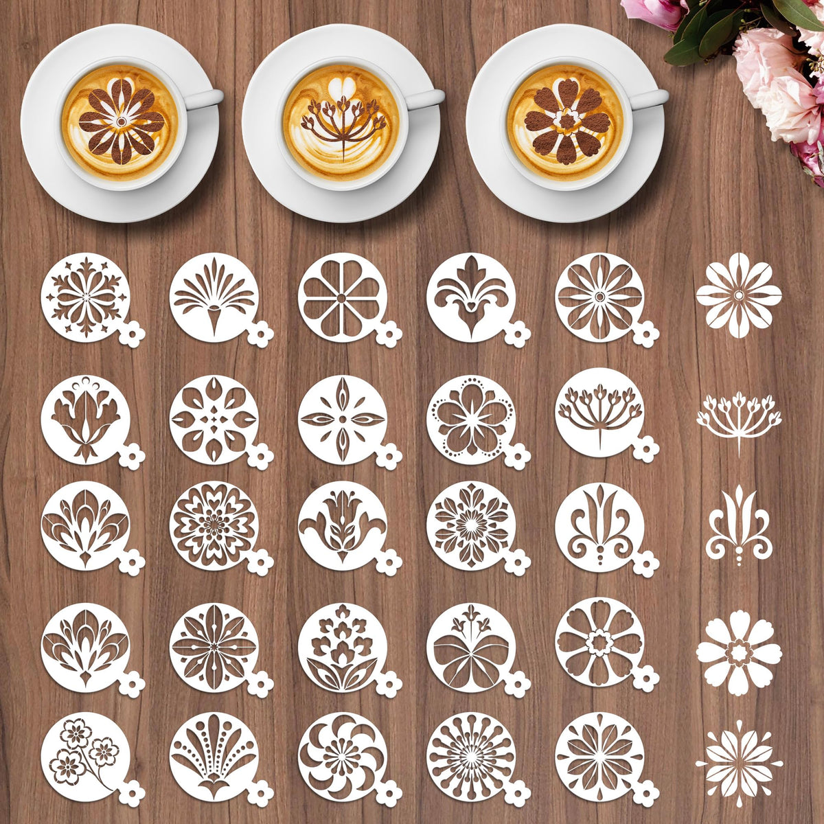 Sitsink Mandala Cookie Coffee Stencils - 25 Pcs Mandala Latte Art Cookie Stencils for Coffee Cake Bread Decor, Reusable Bread Template for Sourdough Decoration Tools Baking Stencil