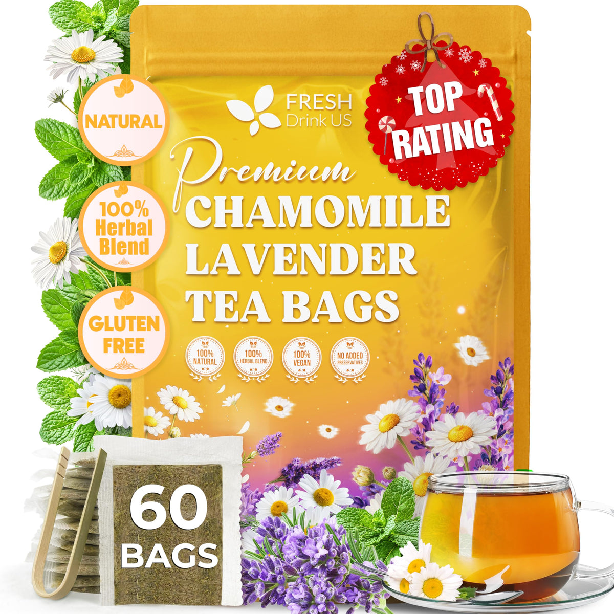 FreshDrinkUS, Premium 60 Mugwort Leaf Tea Bags, 100% Natural and Pure Mugwort Leaves. No Sugar, No Caffeine, No Gluten, Vegan.