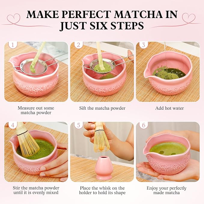 Matcha Whisk Set, Pink Matcha Set, 8 Pcs Complete Ceramic Matcha Making Kit with Bowl, Bamboo Whisk & Holder, Stainless Sifter, Tea Towel, Scoop & Scoop Rest, Perfect for Beginners & Lovers