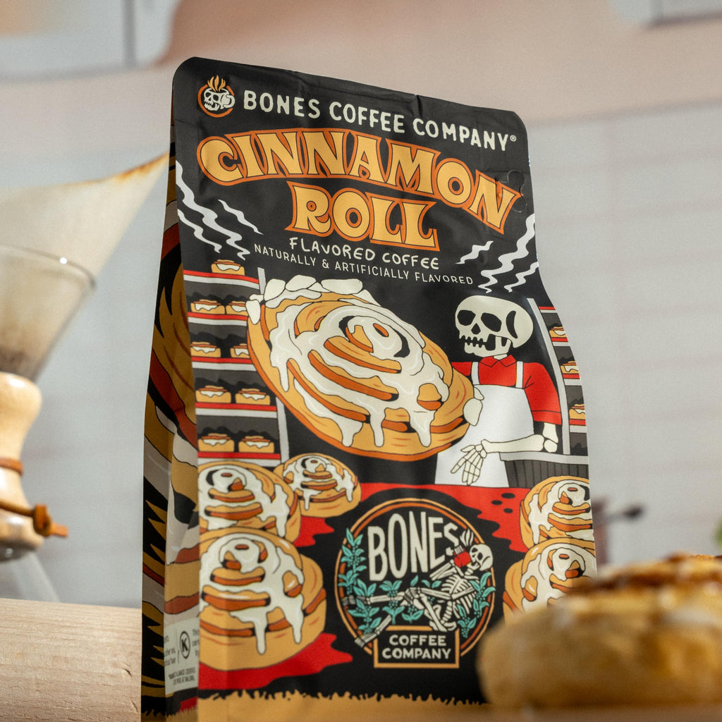Bones Coffee Company Cinnamon Roll Flavored Coffee, Medium Roast Low Acid Arabica Beans Compatible with Auto drip and French Press Coffee Maker, 12 Oz Whole Bean