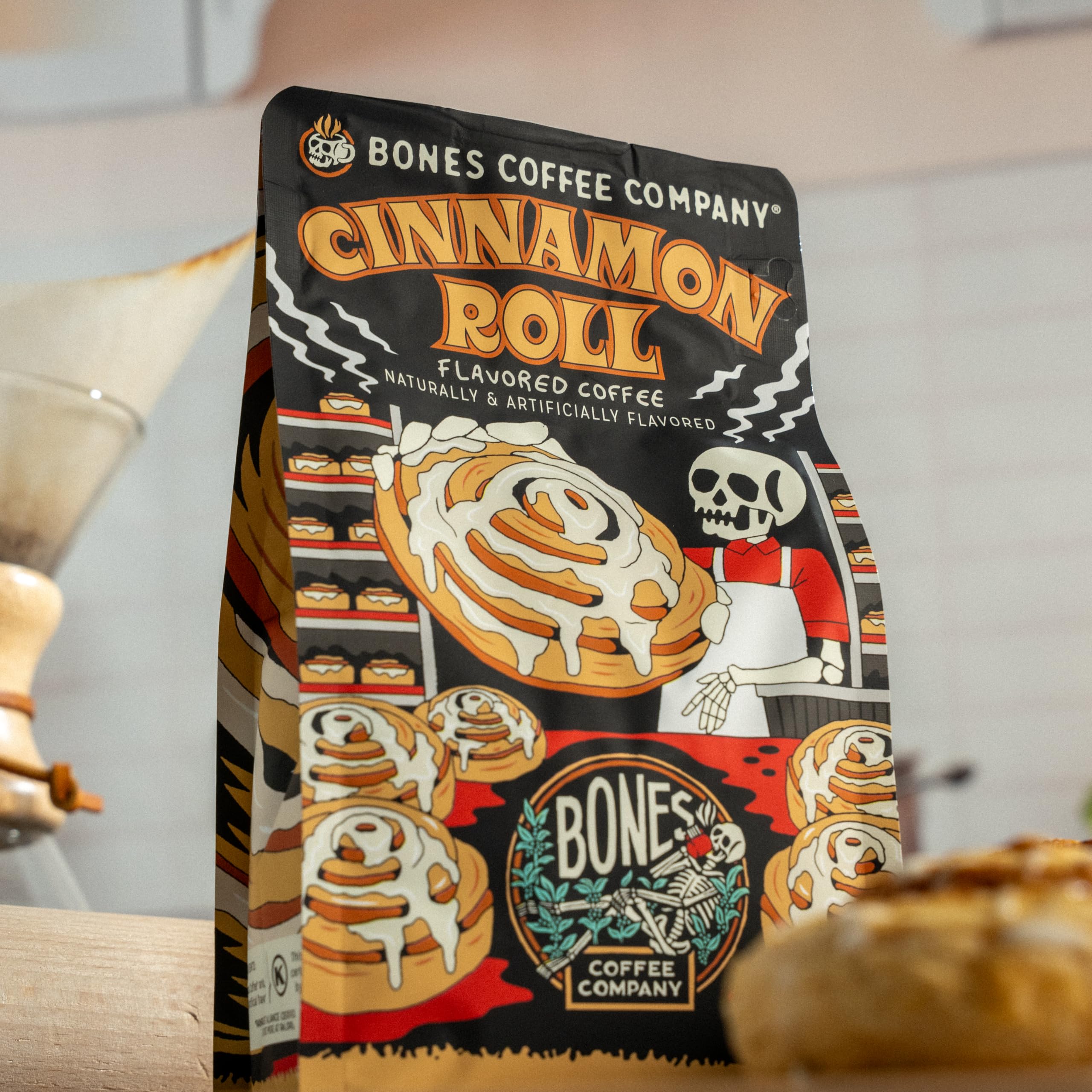 Bones Coffee Company Cinnamon Roll Flavored Coffee, Medium Roast Low Acid Arabica Beans Compatible with Auto drip and French Press Coffee Maker, 12 Oz Whole Bean