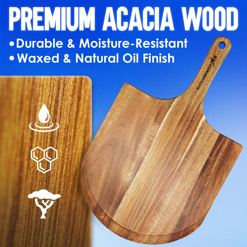 KitchenStar 14-Inch Acacia Wood Pizza Peel – Large Wooden Cutting & Serving Board with Handle – Natural Oil Finish – Ideal Pizza Oven Accessory for Easy Sliding & Prep