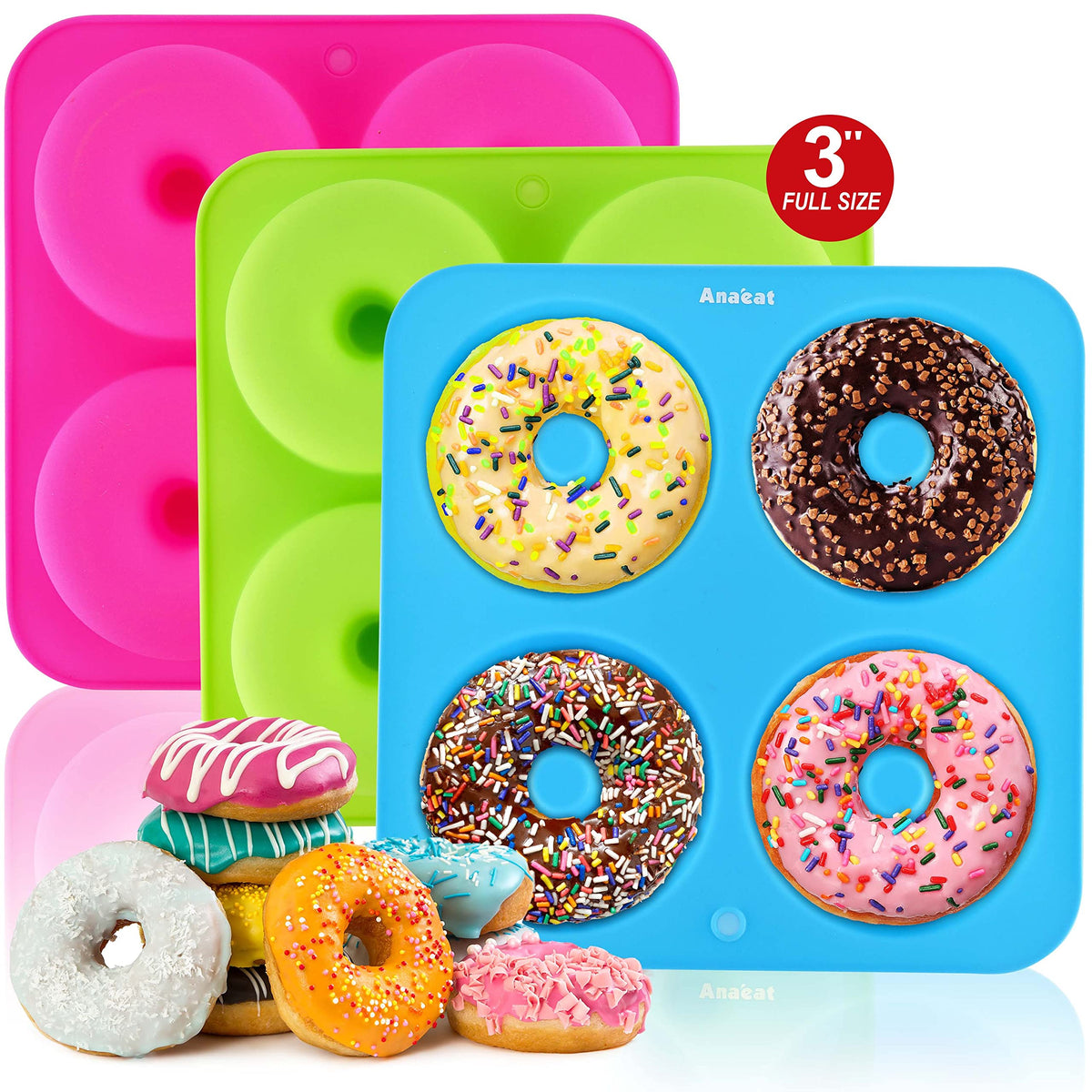 Anaeat Full Size Donut Baking Pans 3 Pack, Big Size 4 Inch Silicone Baking Mold, Just Pop Out! Non Stick 6-Cavity Doughnut Trays for Bagels Donuts Cake Biscuit - BPA Free & Dishwasher Safe (3 colors)