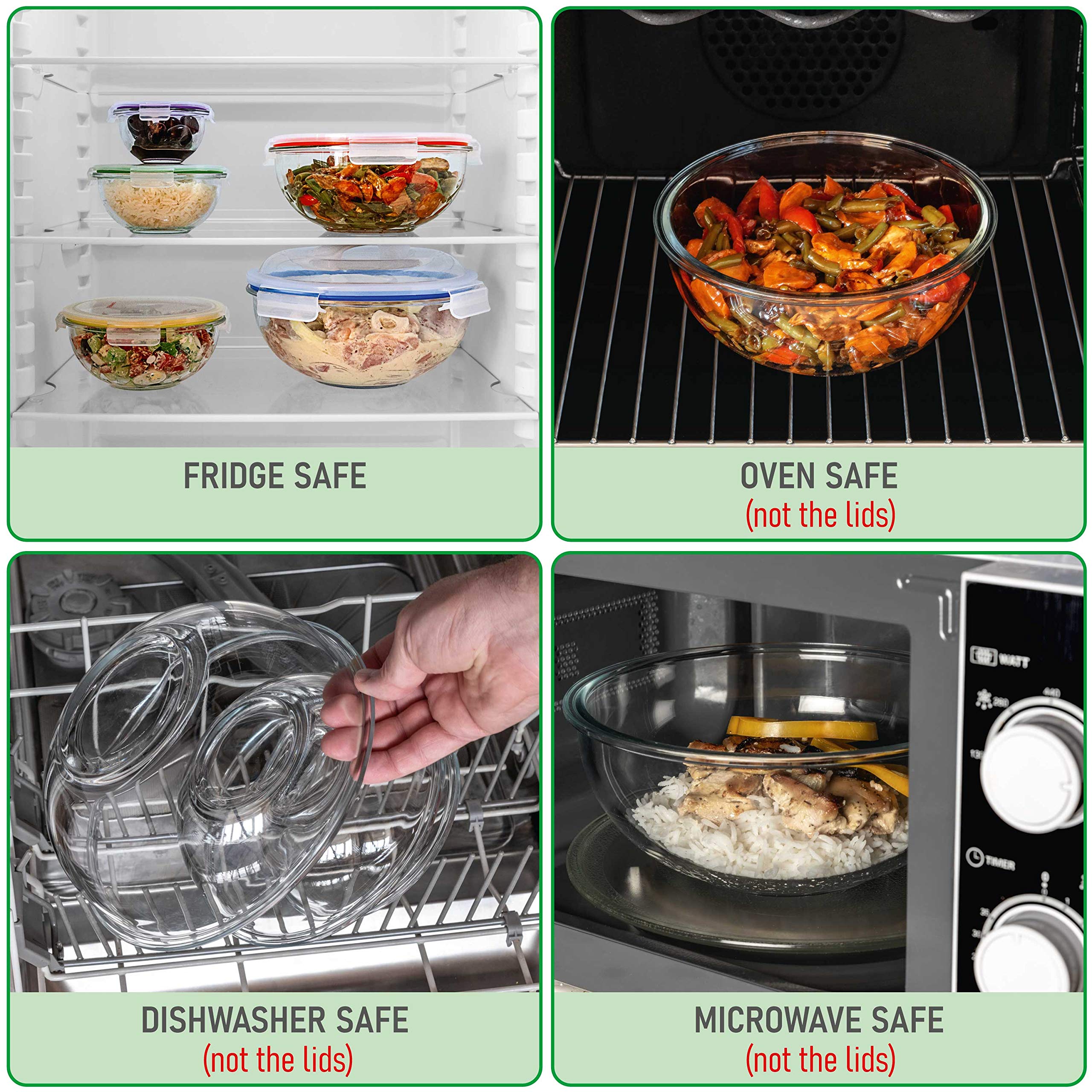 dokaworld Set of 5 Stackable Space-Saving Nesting Glass Bowls with BPA Free Lids for Foodprep, Storage, Baking, Mixing & Cooking, Microwave Safe - Durable Inert Borosilicate Glass