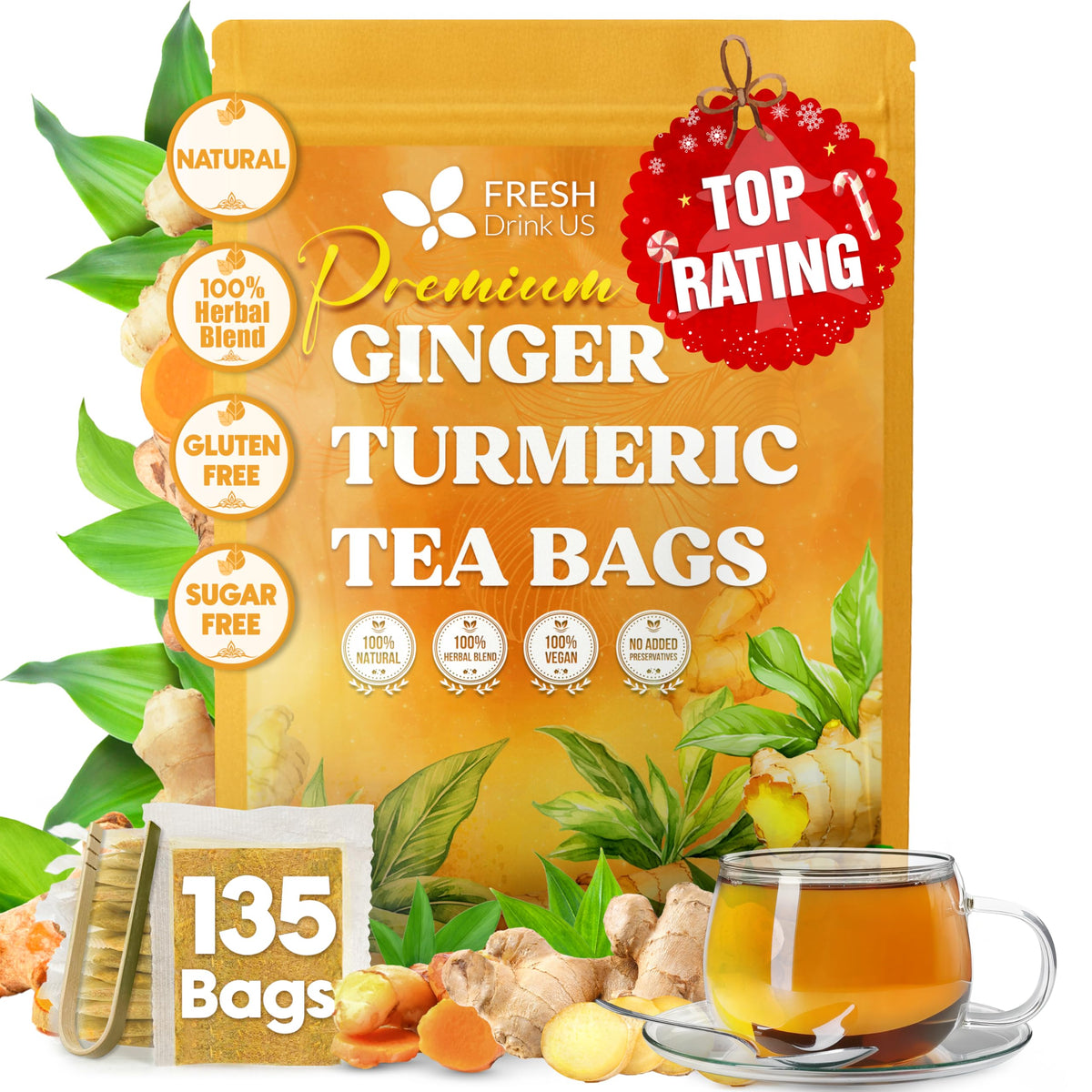 FreshDrinkUS, Premium 135 Ginger Turmeric Tea Bags, 100% Natural Ingredients, Hand-Made Blend of Ginger and Turmeric Herbal Tea, Eco-Conscious Tea Bags. No Sugar, No Caffeine, No Gluten, Vegan.