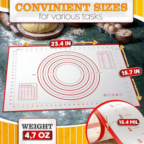 16x24 Inch Pastry Mats for Rolling Dough - Pizza Mats Stain-Proof Large Silicone Baking Mat with Measurements, Non-Stick Baking Rolling Mat - Heat Resistant Kneading Dough Sheet for Bread, Pizza