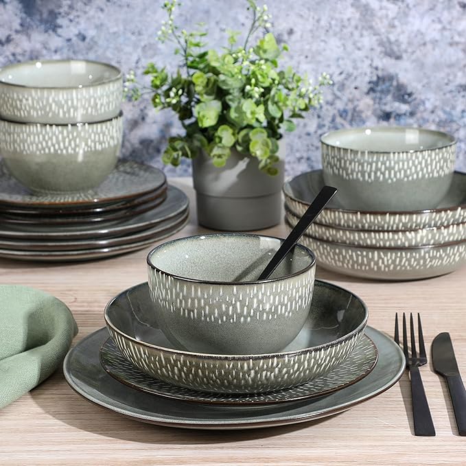 Gibson Elite Matisse Double Bowl Dinnerware Set, Service for 4 (16pcs), Green