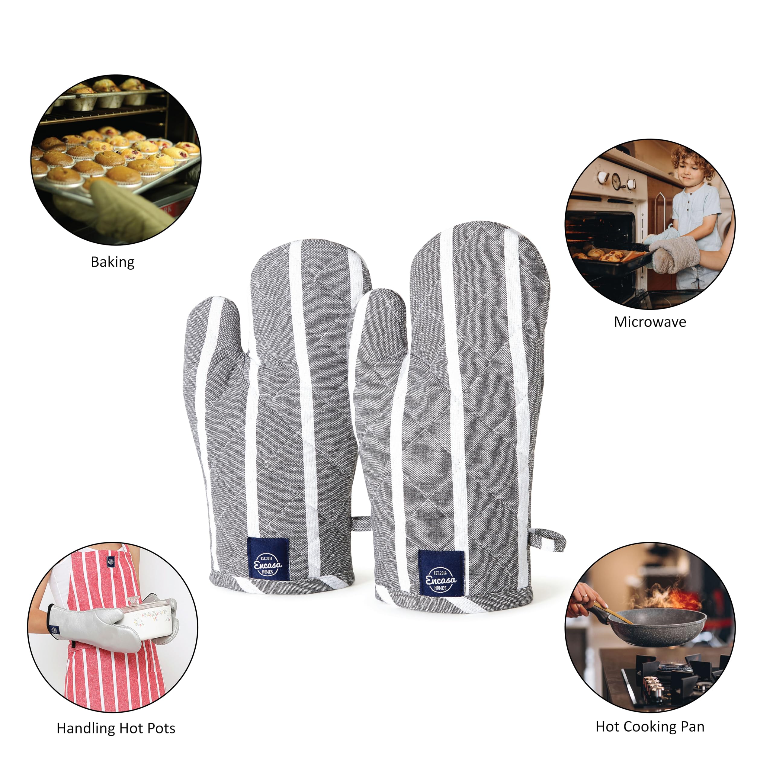 Encasa XO Oven Mitts, Heat Resistant Kitchen Cooking Gloves Roma Grey Stripes
