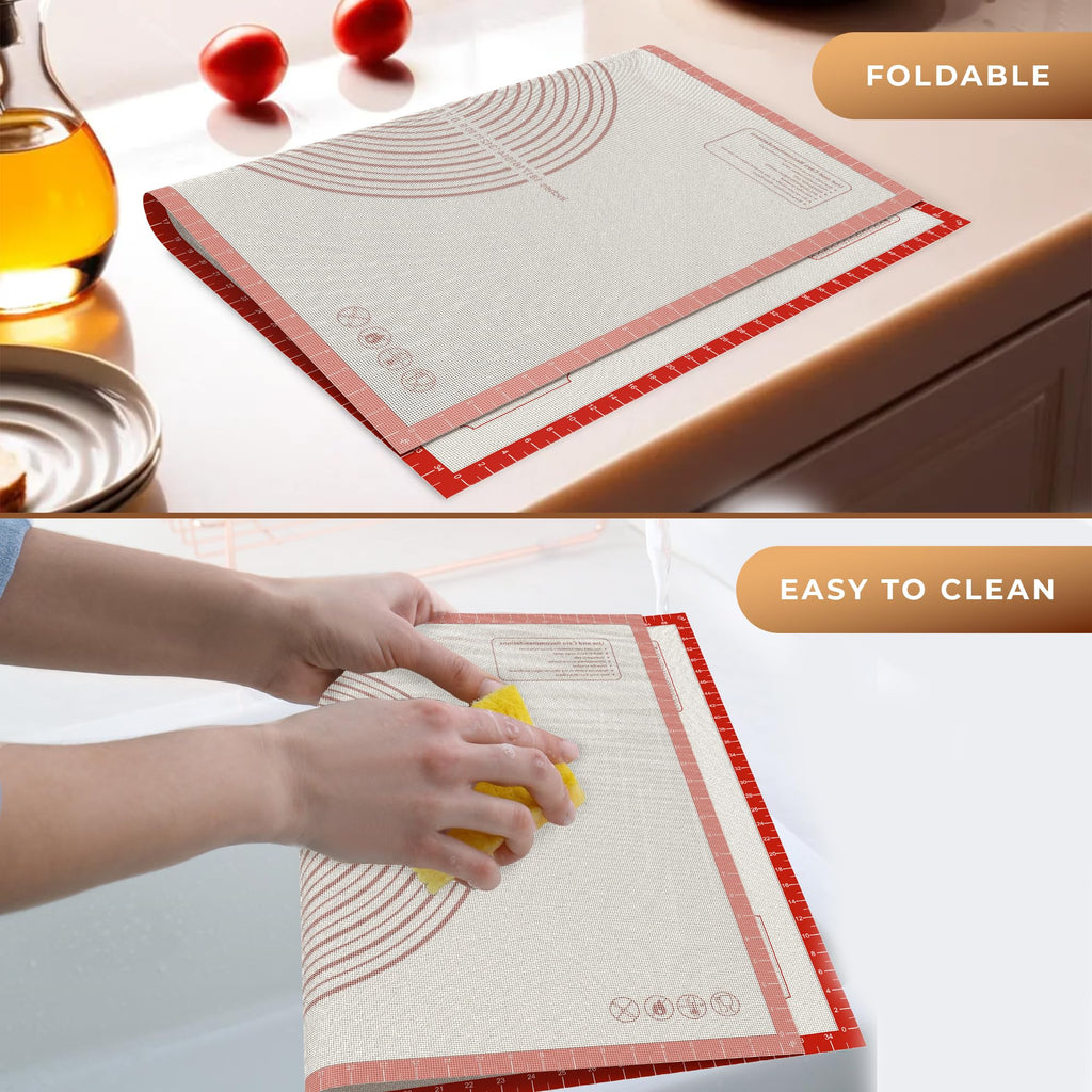 28 * 20 inches Red, Non-Slip Silicone Baking Sheets - Baking Mat with 0.7mm Thickness - Non-Stick Pastry & Cookie Mat for Kitchen Counter for Rolling Out Dough with Measurements.