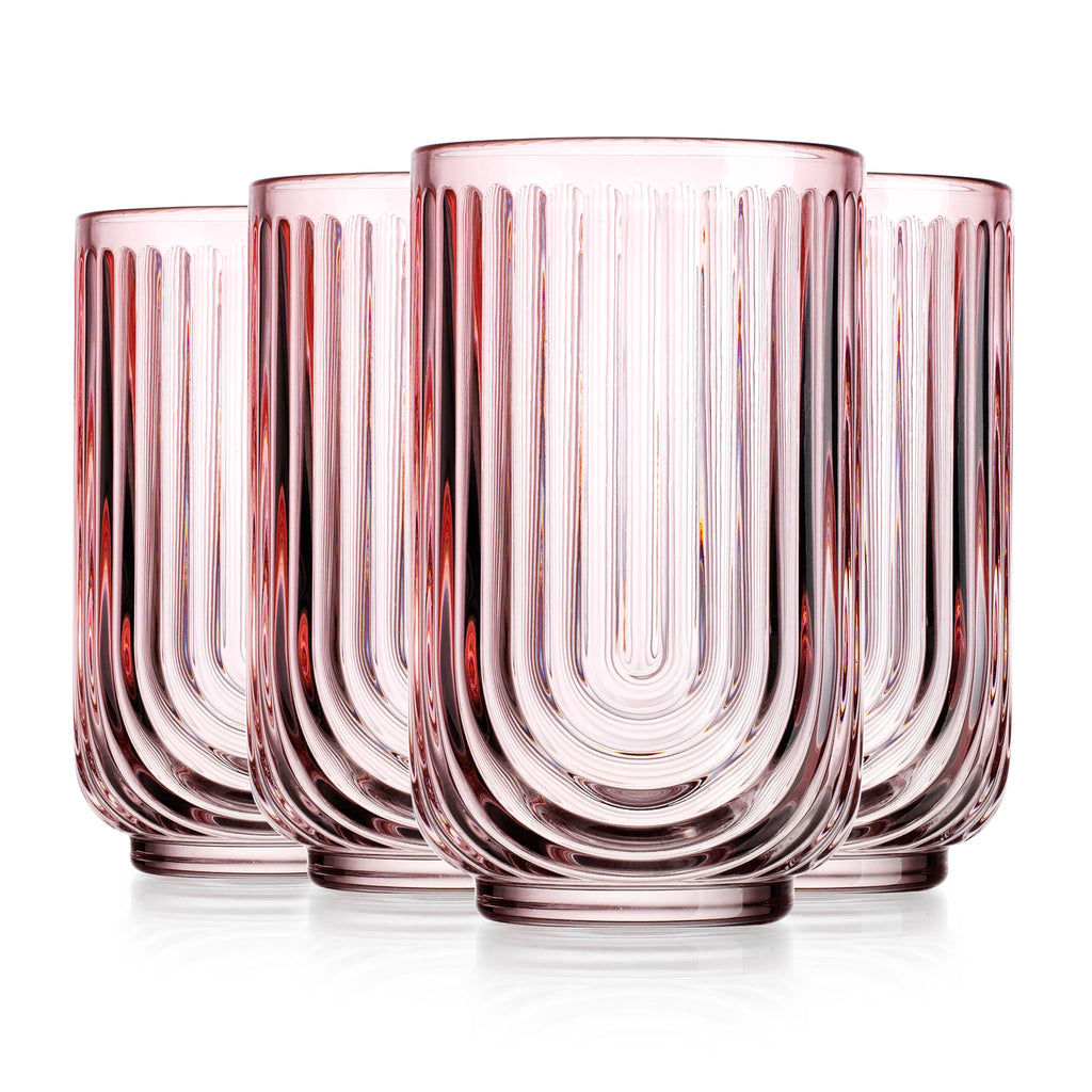 Glaver's Vintage Glassware Art Deco Glasses Ribbed Drinking Glasses U-Shape Arch Design Colored Cocktail Kitchen Tumblers Everyday Dinner Decorative Party Hand-Wash Only (Pink S/4 17oz)