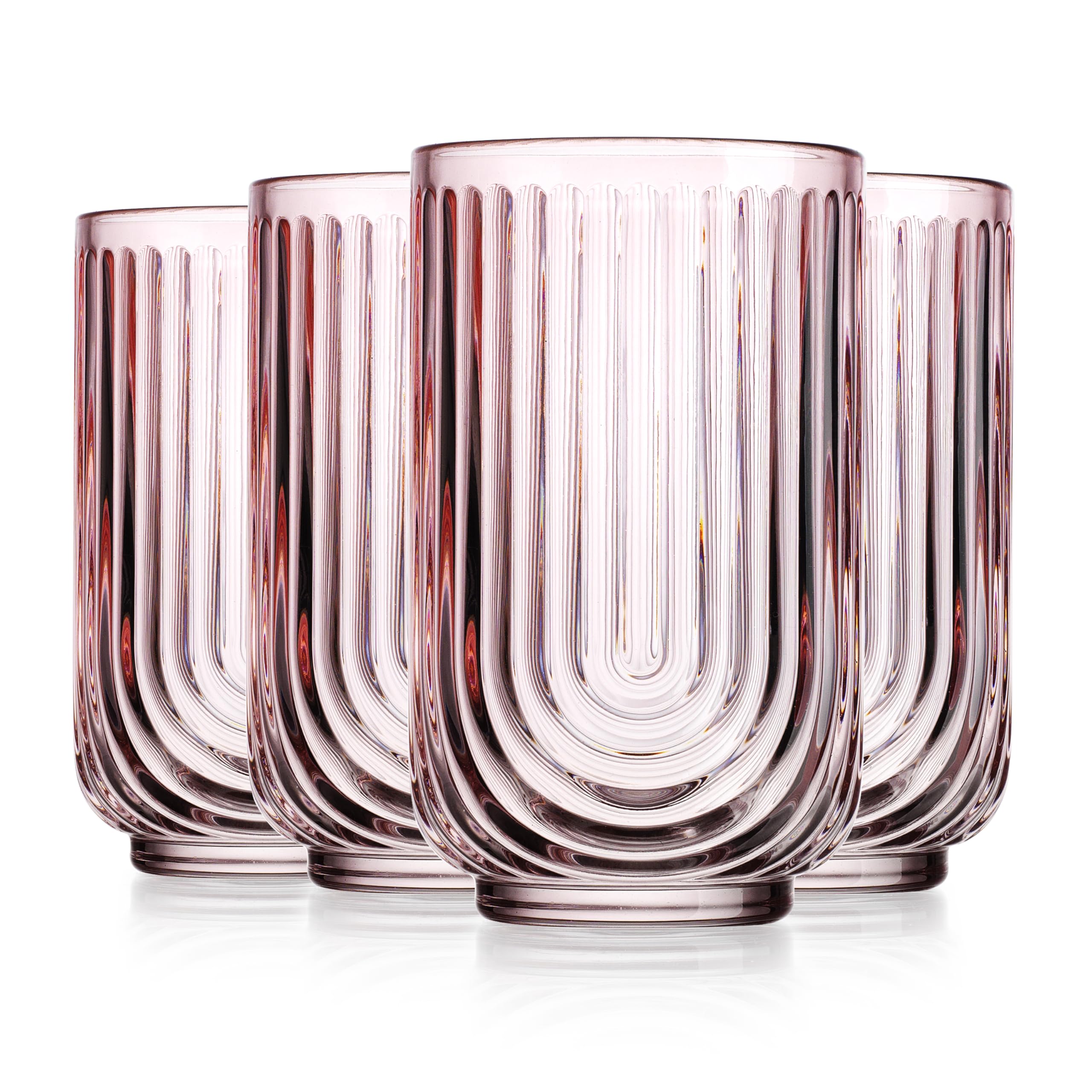 Glaver's Vintage Glassware Art Deco Glasses Ribbed Drinking Glasses U-Shape Arch Design Colored Cocktail Kitchen Tumblers Everyday Dinner Decorative Party Hand-Wash Only (Pink S/4 17oz)