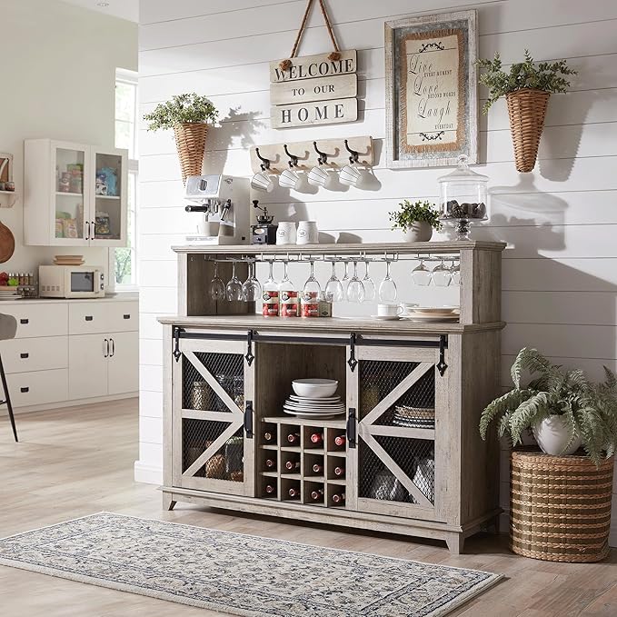 OKD Farmhouse Coffee Bar Cabinet with LED Lights, 55" Wine Bar w/Sliding Barn Door & Wine and Glass Rack, Kitchen Buffet Cabinet w/Storage Shelves for Dining Room,Light Rustic Oak