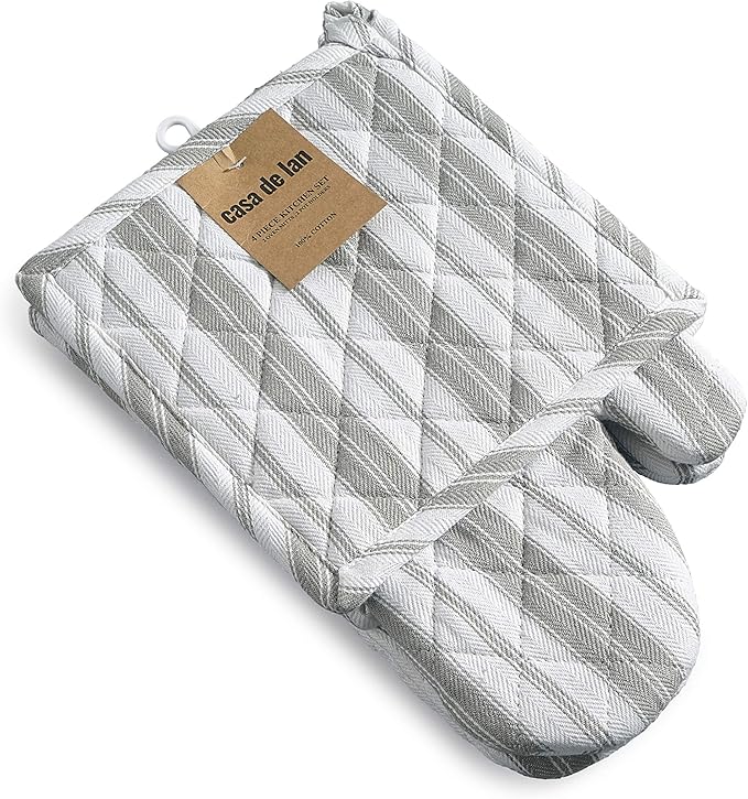 1 Oven Mitt, 1 PotHolder & 1 Kitchen Apron Set - Durable Heat Resistant Gloves - Thick Mittens for Kitchen - Suitable for Cooking, Baking, Grilling – Men & Women – Light Grey Stripes - Casa De Lan