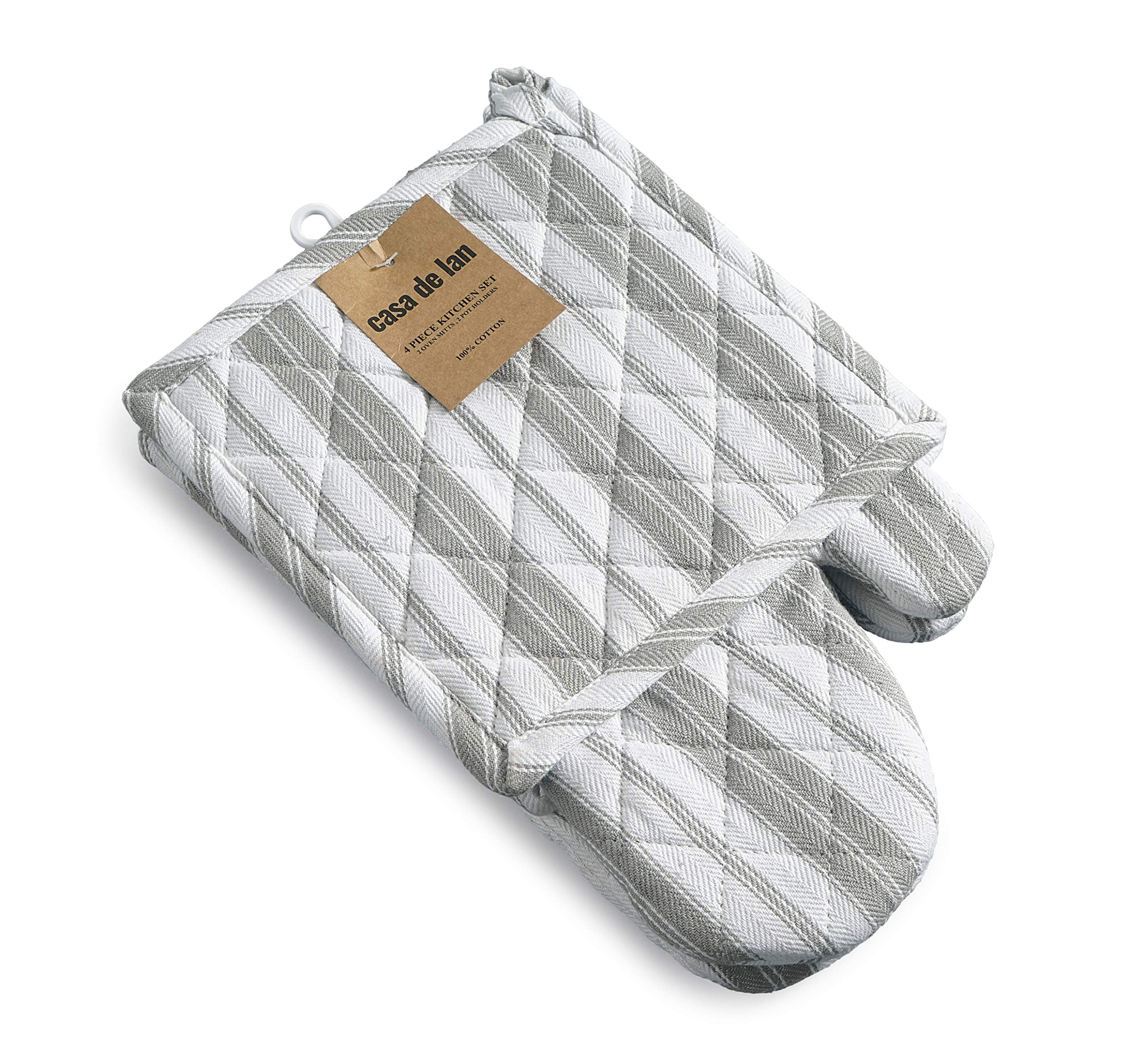 1 Oven Mitt, 1 PotHolder & 1 Kitchen Apron Set - Durable Heat Resistant Gloves - Thick Mittens for Kitchen - Suitable for Cooking, Baking, Grilling – Men & Women – Light Grey Stripes - Casa De Lan
