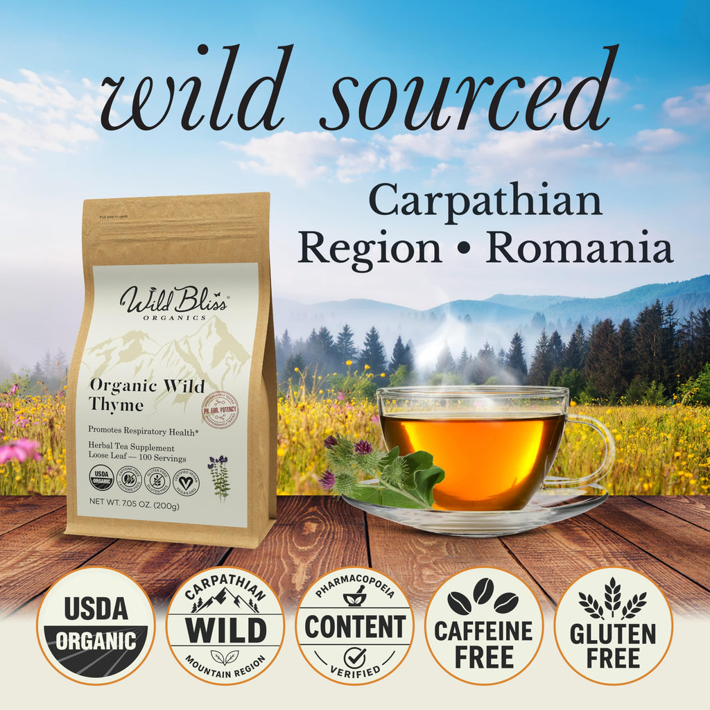 Wild Bliss Organic Wild Breckland Thyme Tea - Caffeine Free Loose Leaf Herbal Tea - Respiratory and Digestion Support - 7.05 Oz - 100 Servings