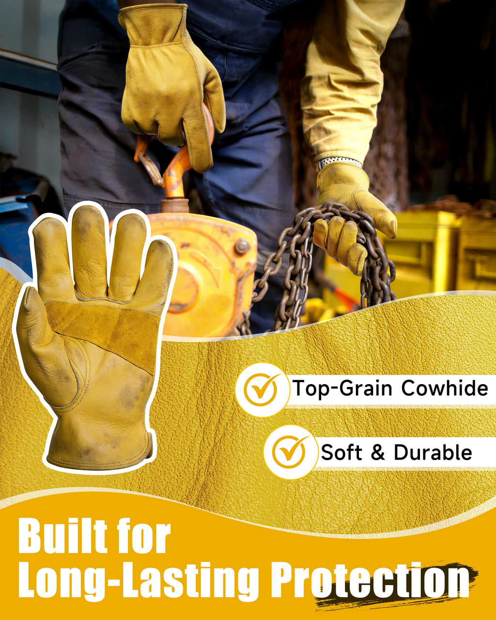 DULFINE Cowhide Leather Gardening Work Gloves for Men 12 Pairs Golden XXL