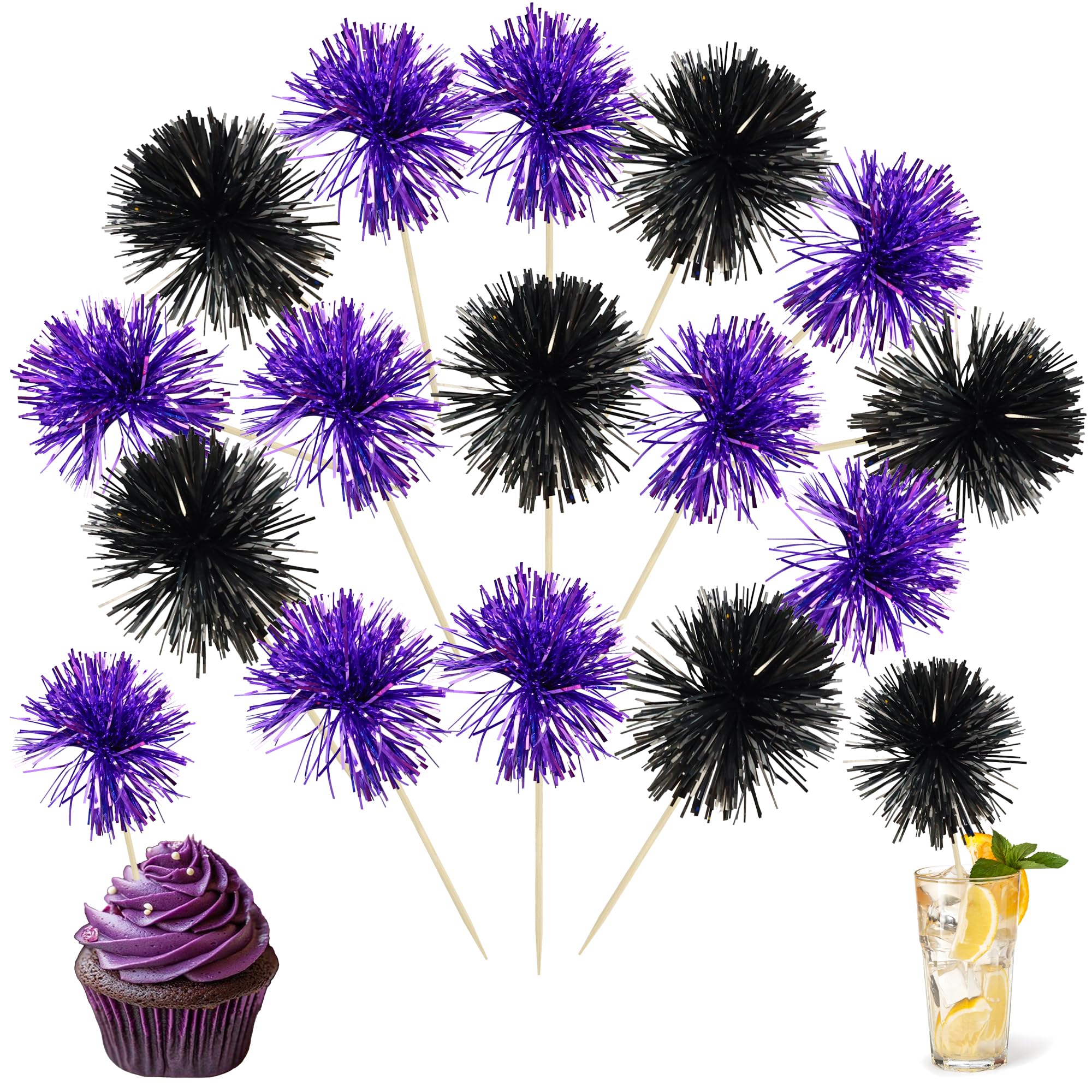 Ephlyn 30Pcs Foil Firework Cupcake Toppers Sparkle Tinsel Cupcake Picks Happy Birthday Cake Decorations Drink Stirrers Cocktail Food Toothpicks for Baby Shower Graduation Party Supplies Black Purple