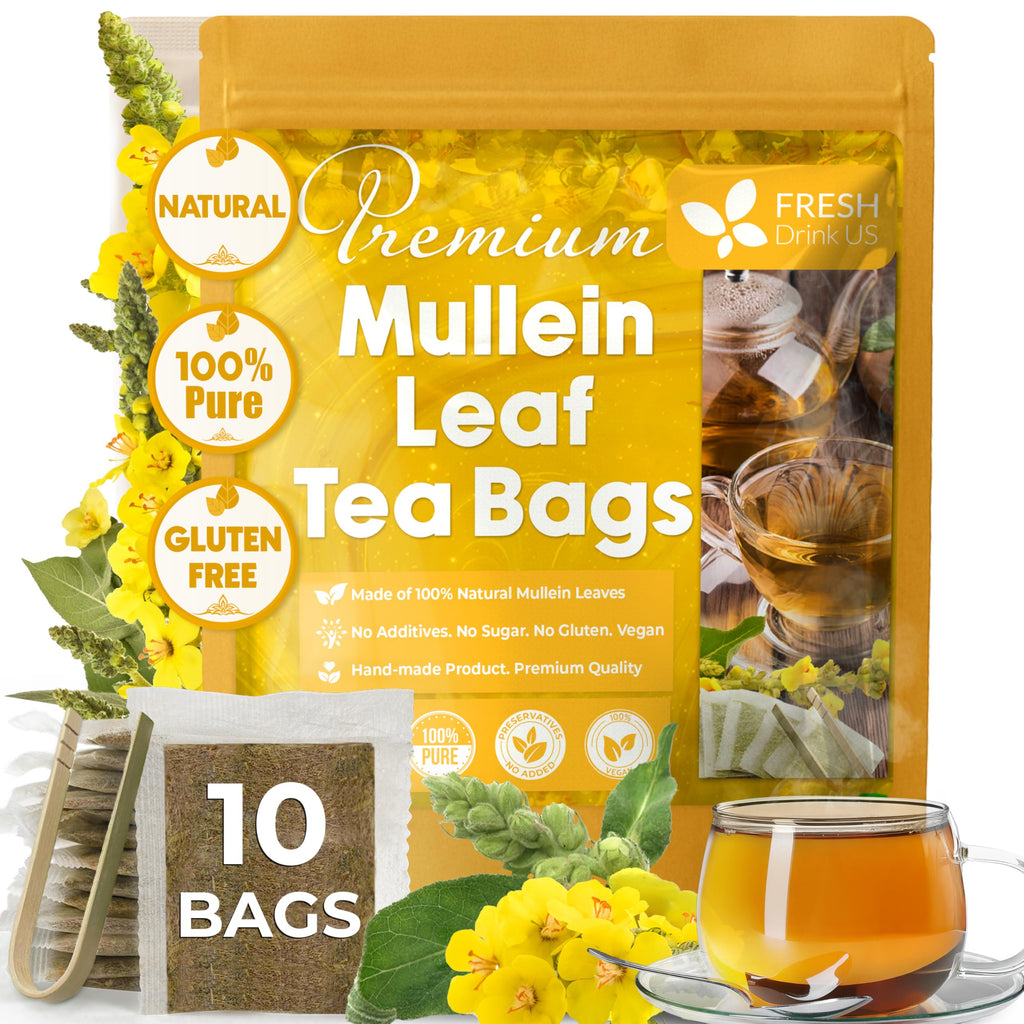 FreshDrinkUS, Premium Mullein Leaf Tea - 10 Bags, 100% Natural & Pure. Made with Eco-Conscious Tea Bags. No Sugar, No Caffeine, No Gluten, Vegan.