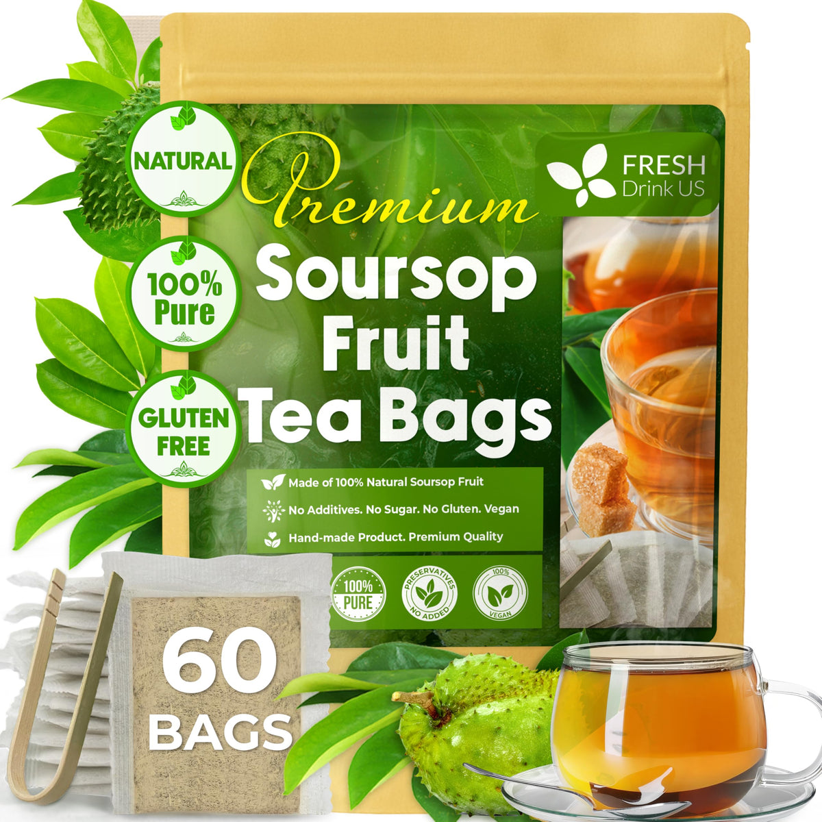 FreshDrinkUS, Premium Soursop Fruit Tea, 60 Count, Pure, Caffeine Free
