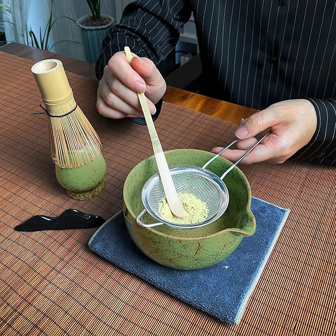 Matcha Whisk Set (7pcs) - Matcha Set with Whisk,Pouring Spout Bowl,Chasen Holder,Powder Sifter,Bamboo Scoop with Stand,Tea Cloth,Perfect Tools Kit for Tea Ceremony (Matcha Green)