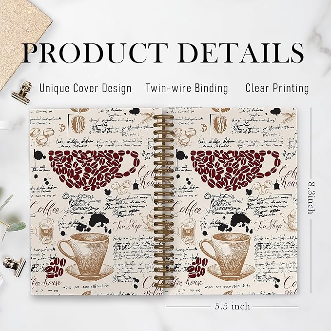 Coffee Spiral Notebook, Coffee Lover Gifts, Coffee Bean Notebook, Coffee Themed Journal Notebooks for School Work, Coffee House Office Supplies Gifts for Coffee Drinkers Women Men, 5.5x8.3Inch