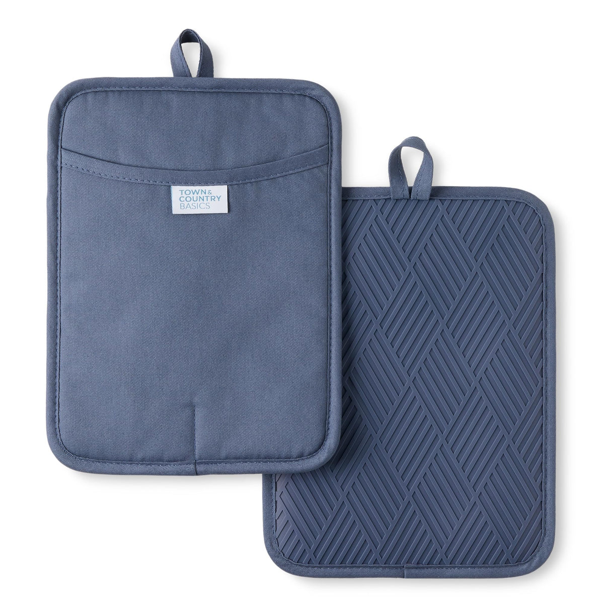 Town & Country Basics Basketweave Soft Silicone Pot Holder 2-Pack Set, Heat Resistant up to 500F, Flexible Silicone, Non-Slip Grip, Blue, 7.5"x10"