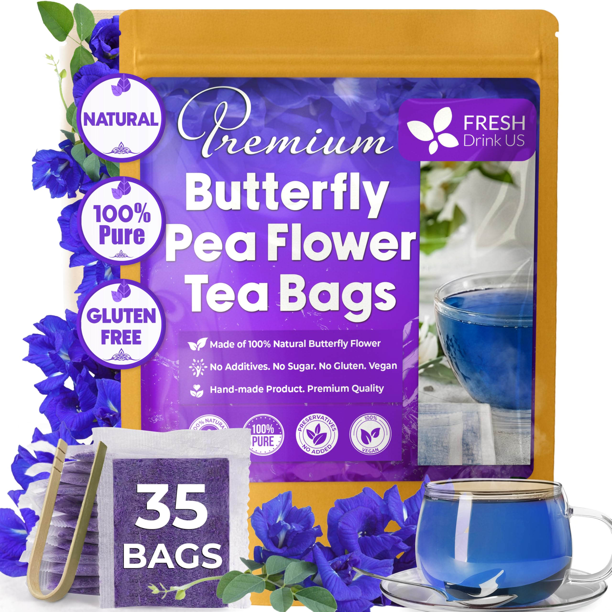 FreshDrinkUS, Premium 35 Blue Butterfly Pea Flowers Tea Bags, 100% Natural and Pure from Butterfly Pea Flowers, Made With Natural Material Tea Bag, No Sugar, No Caffeine, No Gluten, Vegan