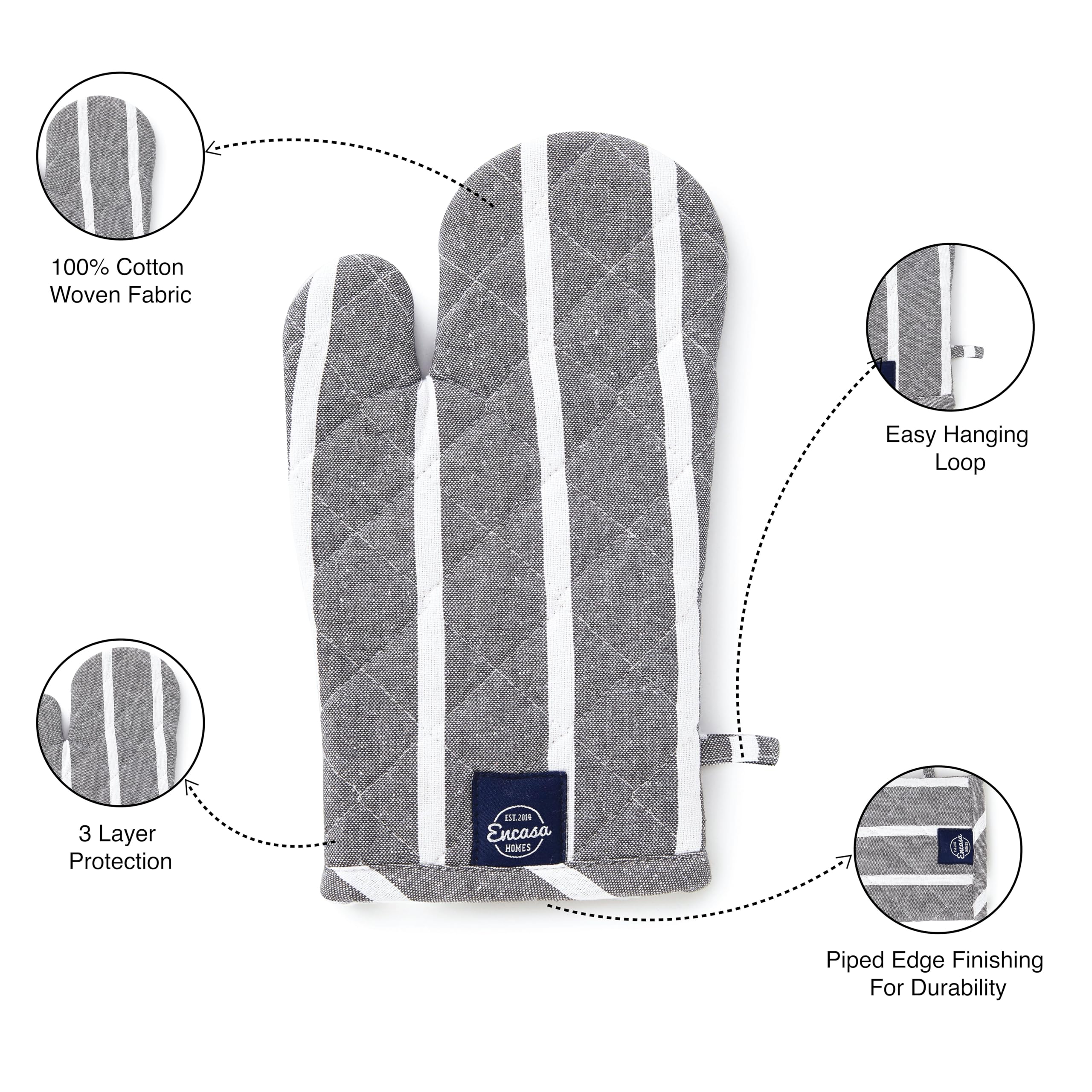 Encasa XO Oven Mitts, Heat Resistant Kitchen Cooking Gloves Roma Grey Stripes