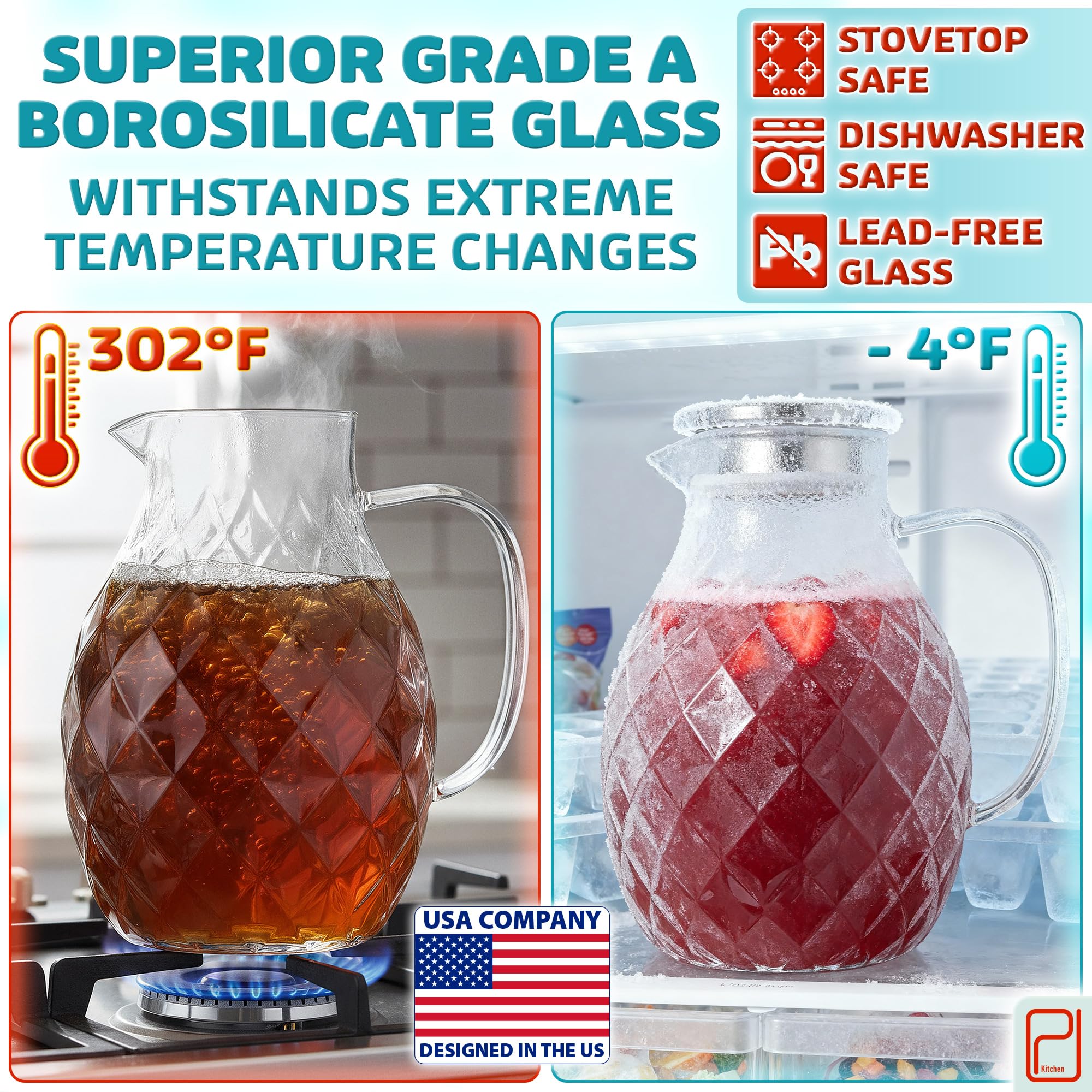 Borosilicate Glass Pitcher with Lid & Spout - 2 L / 68 oz Water Jug