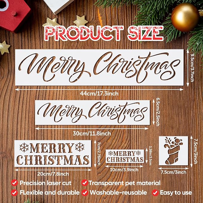21 PCS Merry Christmas Stencils for Painting Christmas Stencils Template Plastic Reusable Template for Xmas Decor Fabric Canvas Furniture, Wall, Window, Fabric, Wood DIY Home Decor