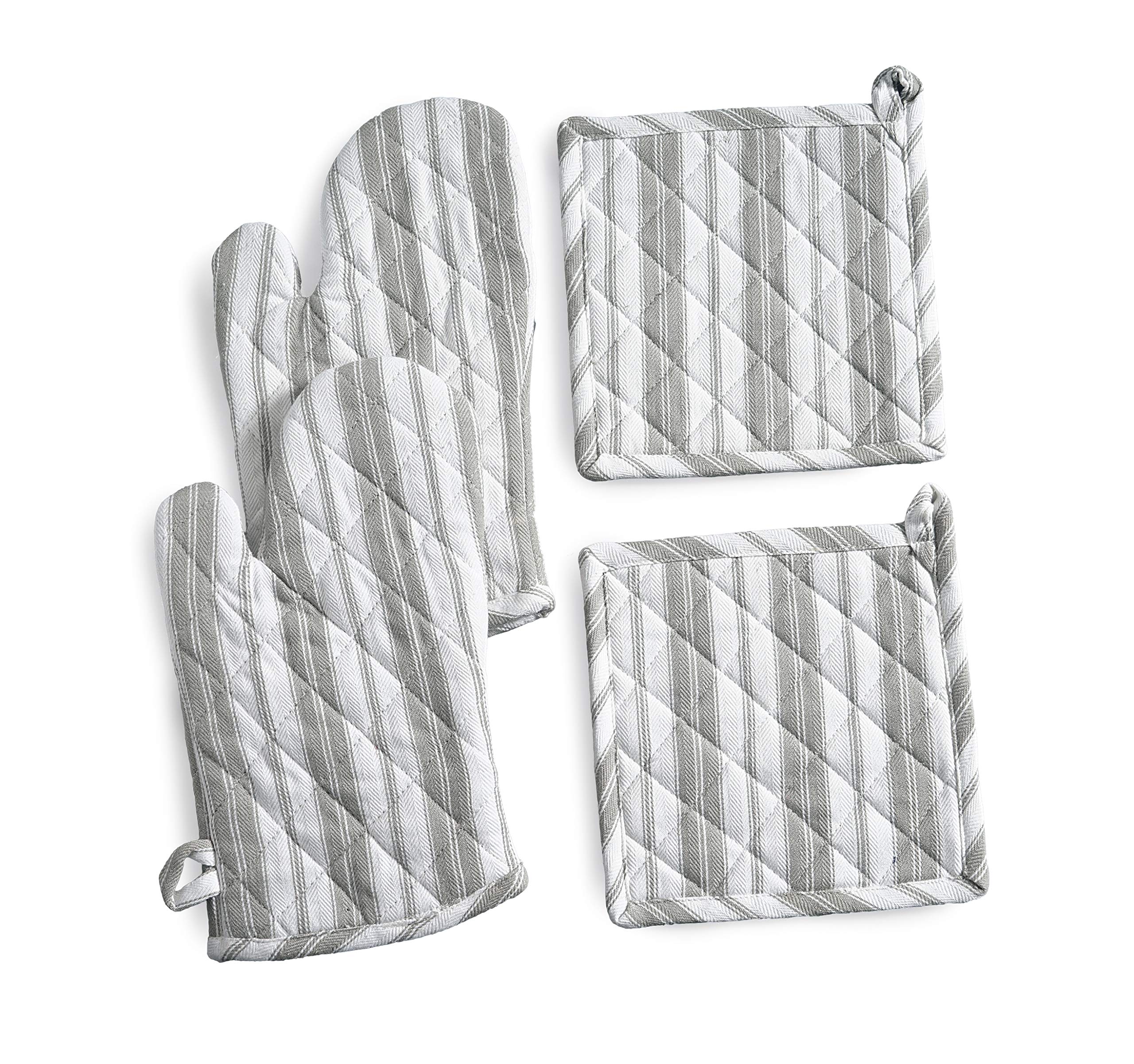 Oven Mitts & Potholder Set - Durable Heat Resistant Gloves - Thick Mittens for Kitchen - Suitable for Cooking, Baking, Grilling – BBQ - 2 Oven Mitts & 2 Potholders – Light Grey Stripes - Casa De Lan