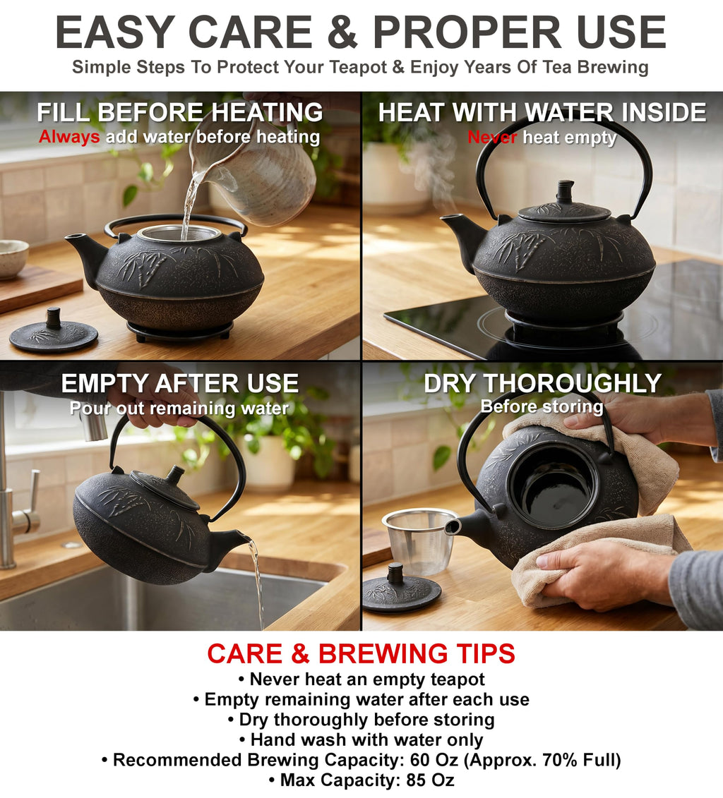 85 Oz XXL Black Bamboo Cast Iron Teapot, Enamel Interior, Infuser & Trivet