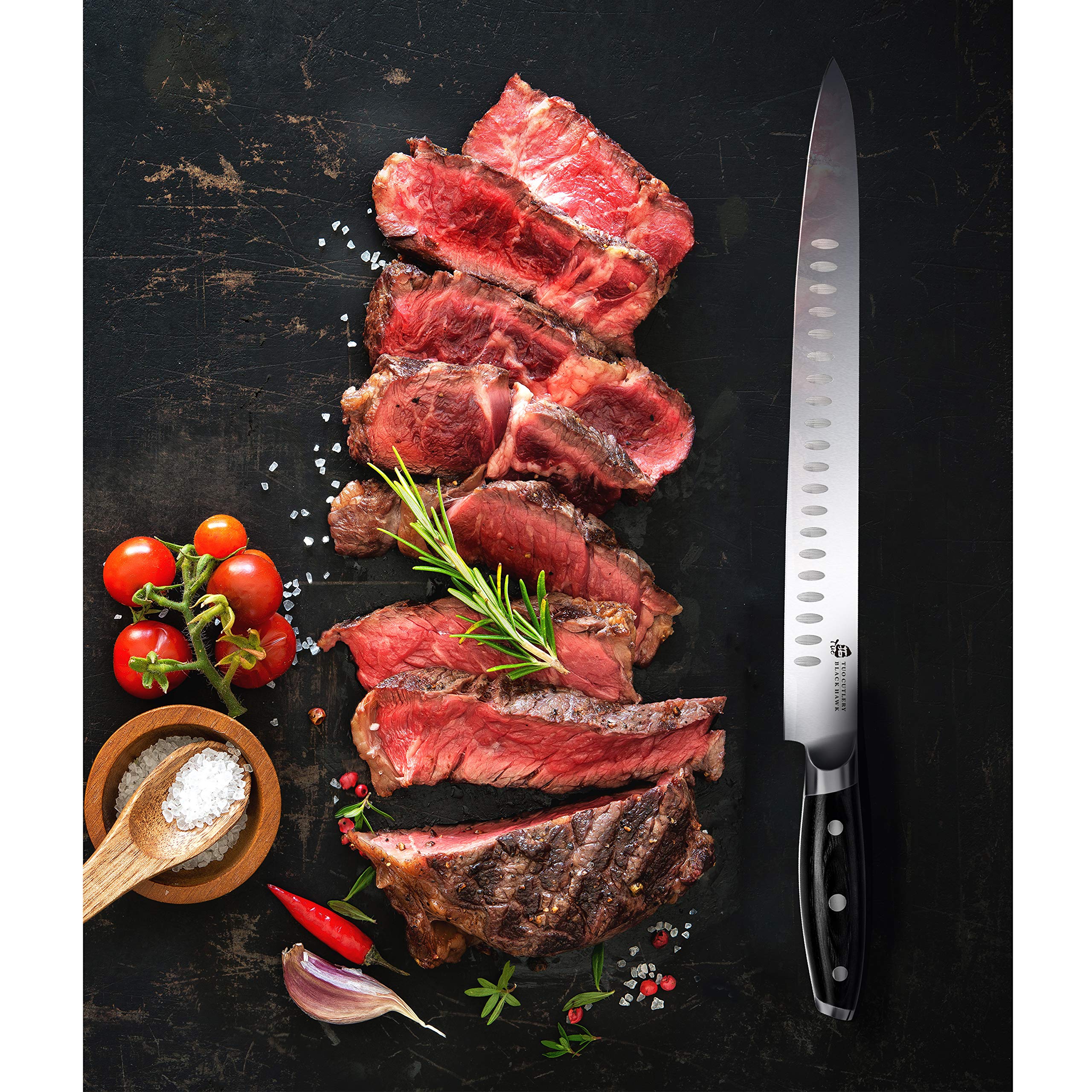 TUO Carving Knife - 12 Inch Brisket Slicing Knife for Grilled Meat and Bacon - High Carbon German Steel - Pakkawood Handle with Gift Box - BLACK HAWK SERIES