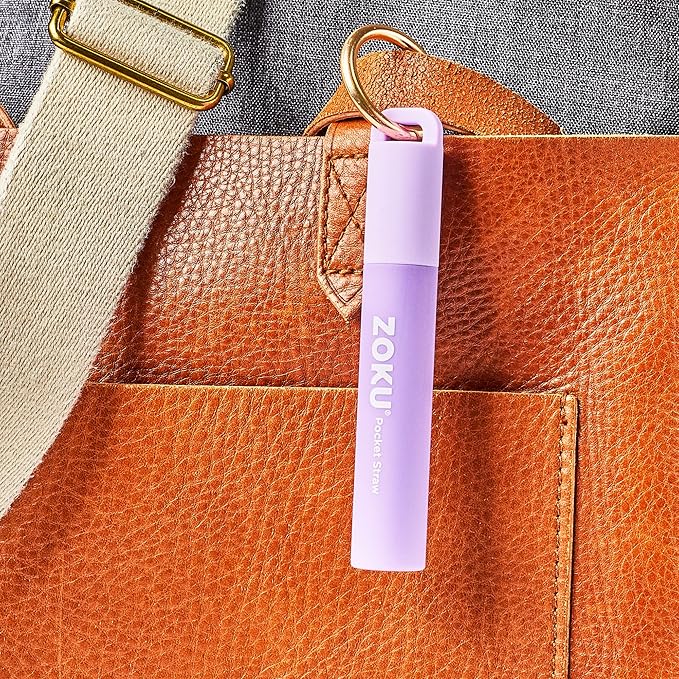 ZOKU Reusable Metal Straw with Case for Travel, Purple - Collapsible Stainless Steel Drinking Straw with Silicone Tip and Cleaner Brush, Ideal for Key Chains, Pockets, Purses