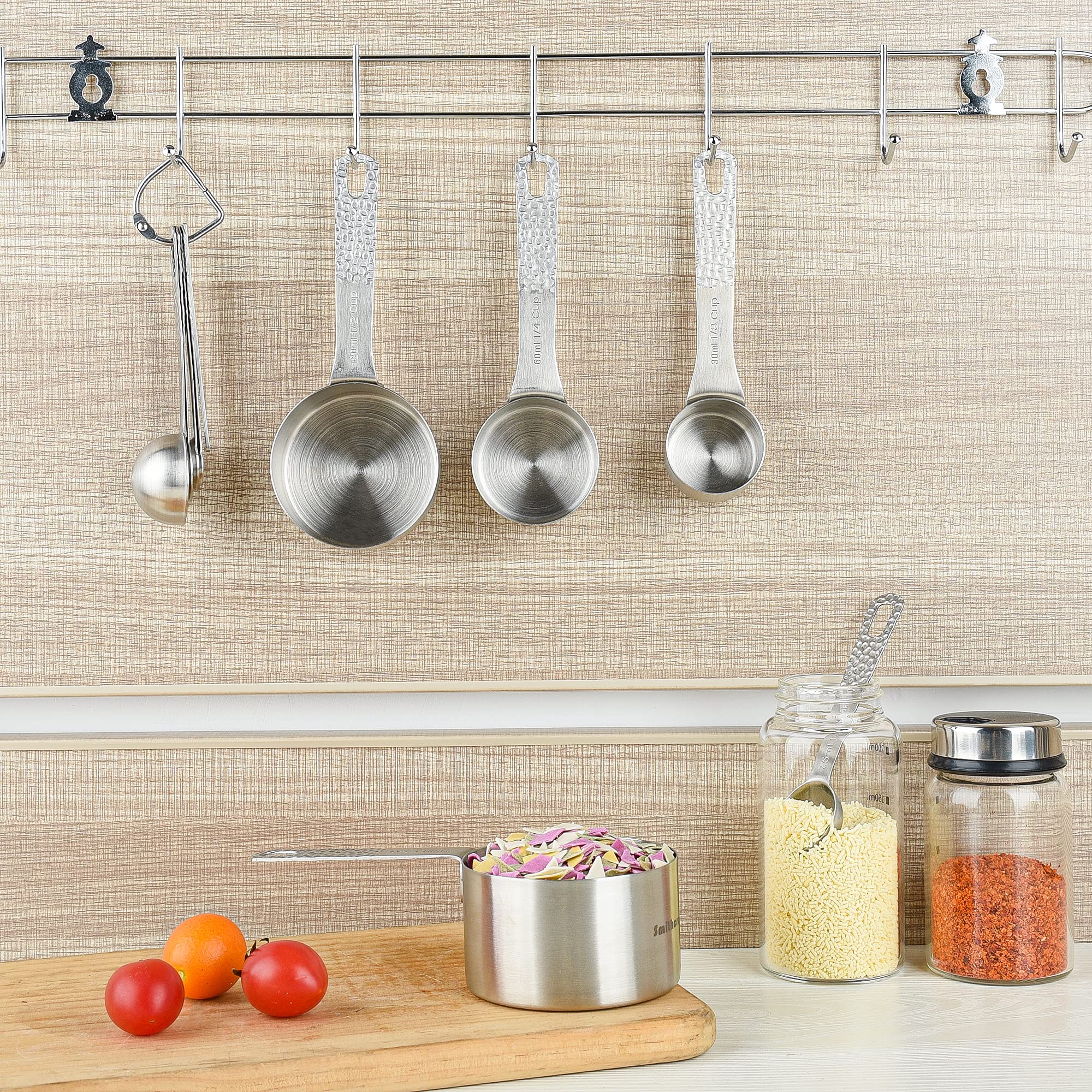 Kalsreui 18/8 Stainless Steel Measuring Cups and Spoons Set 10 for Baking & Kitchen, Metric & US Metal 4 Measuring Cups and 5 Measuring Spoons with 1 Leveler
