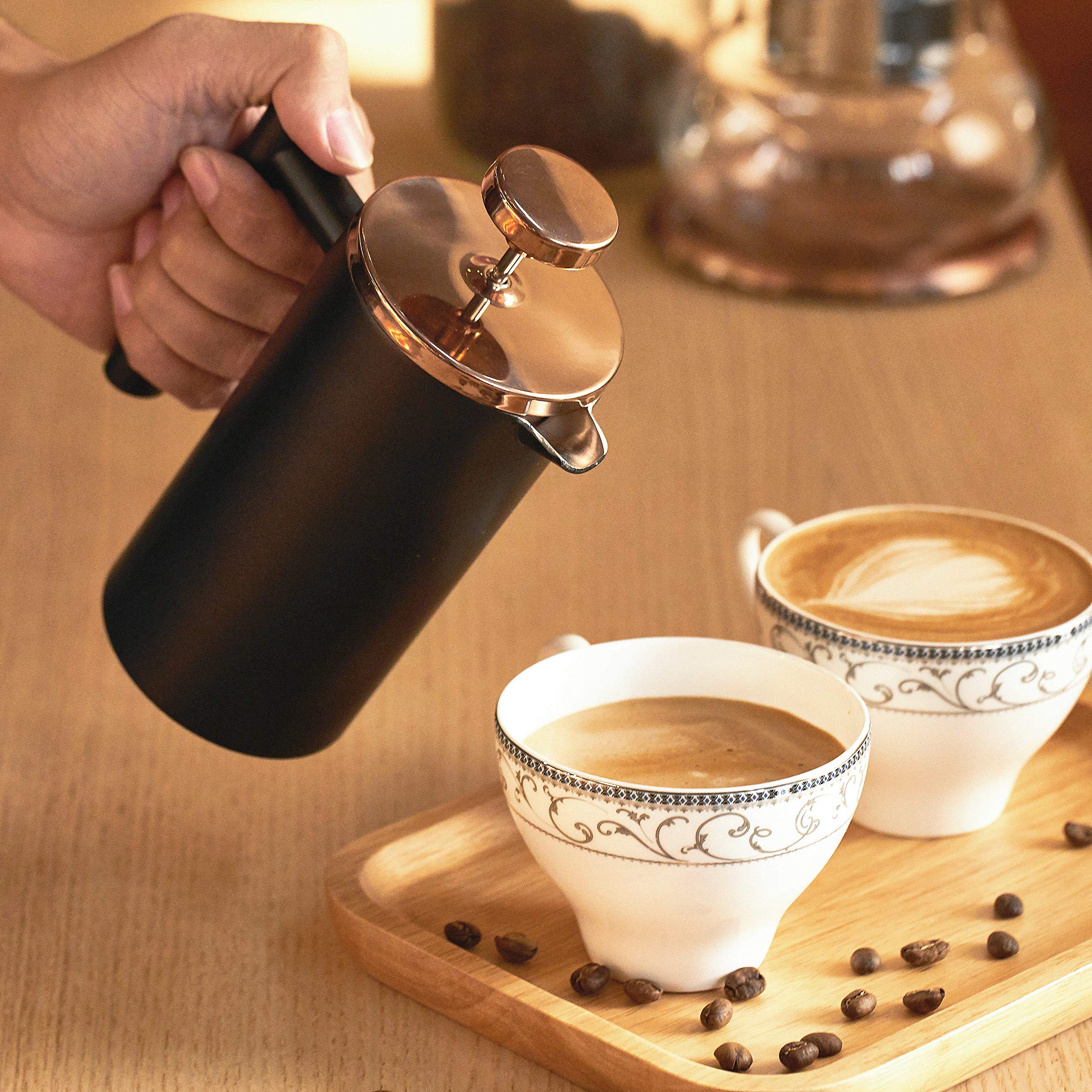 Meelio Small French Press Coffee Maker 350ml/12oz, Black Stainless Steel Double-Wall Insulated, Included 2 Extra Filters and 1 Coffee Spoon (1 Cup)