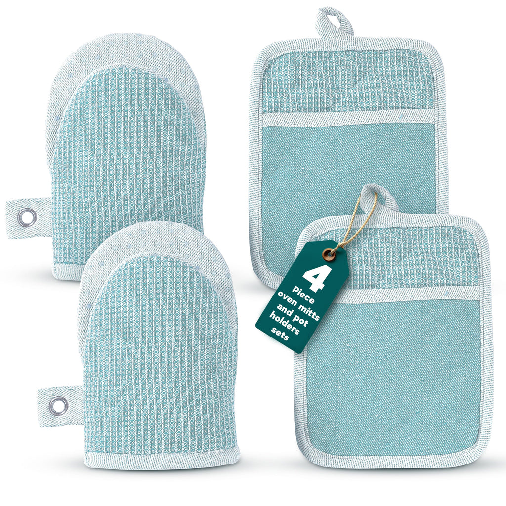 Casa Platino Silicone Oven Mitts & Pot Holders, 4-Piece – Oven Mitt for Baking & BBQ, Pot Holder for Kitchen, Hot Dishes & Microwave – Heat Resistant Up to 500°F, Non-Slip & Machine Washable – Aqua