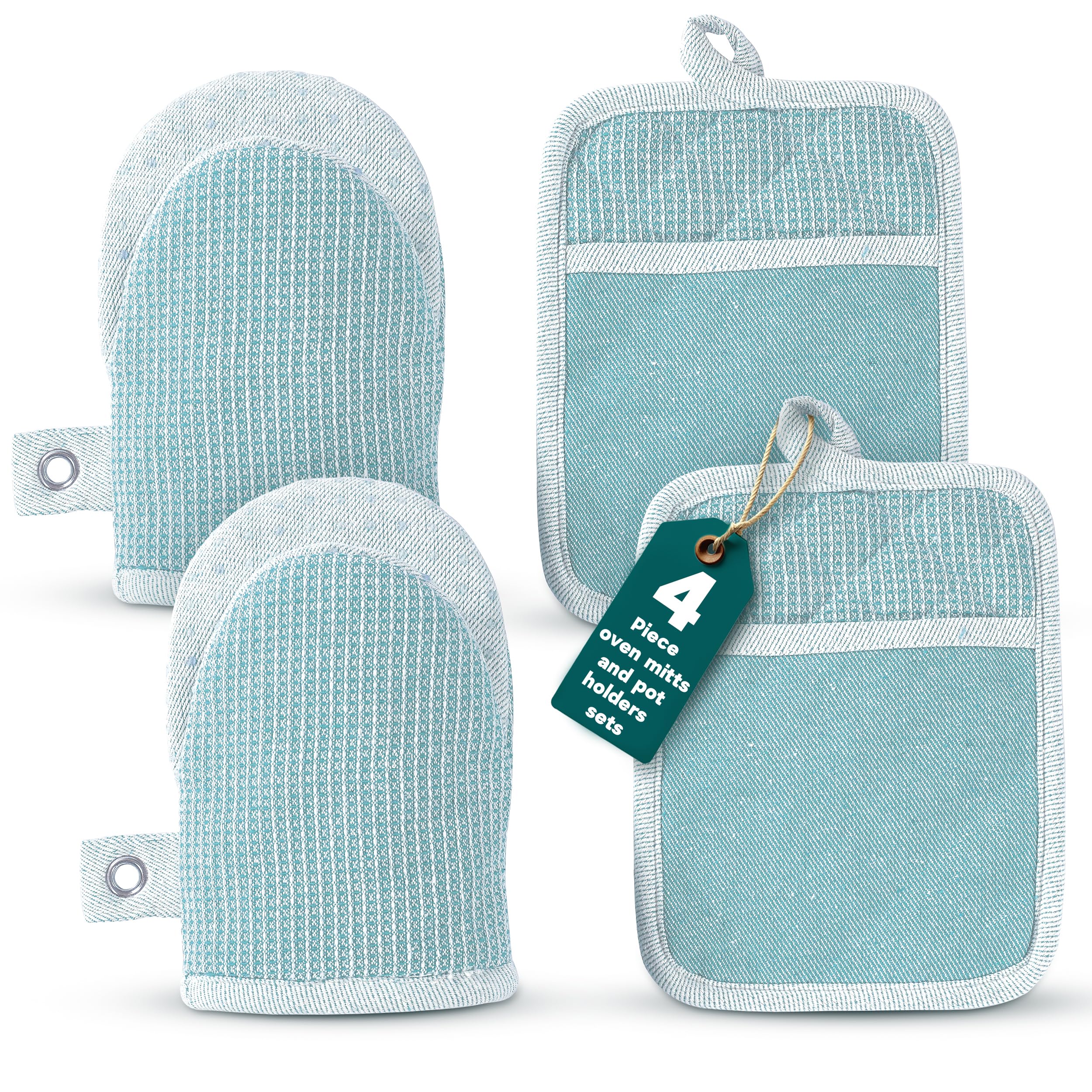 Casa Platino Silicone Oven Mitts & Pot Holders, 4-Piece – Oven Mitt for Baking & BBQ, Pot Holder for Kitchen, Hot Dishes & Microwave – Heat Resistant Up to 500°F, Non-Slip & Machine Washable – Aqua