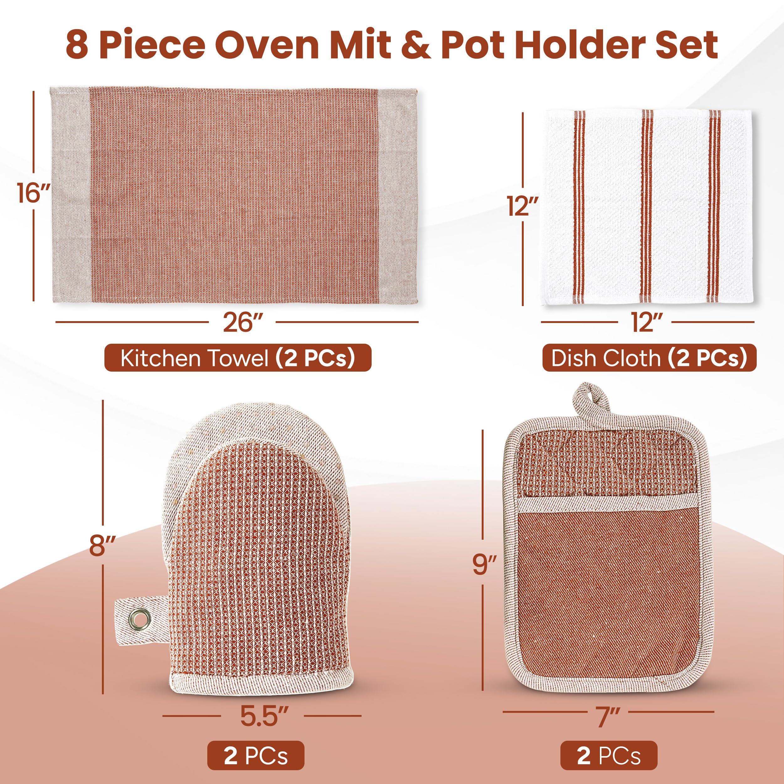 Casa Platino Potholders for Kitchens, 8-Piece – 500°F Heat Resistant Oven Mitts and Pot Holders, Mini Oven Mitt with Silicone Grip, 2 Kitchen Towels & 2 Dish Cloths – Durable & Non-Slip – Canyon Rose