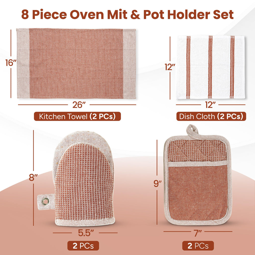 Casa Platino Potholders for Kitchens, 8-Piece – 500°F Heat Resistant Oven Mitts and Pot Holders, Mini Oven Mitt with Silicone Grip, 2 Kitchen Towels & 2 Dish Cloths – Durable & Non-Slip – Canyon Rose