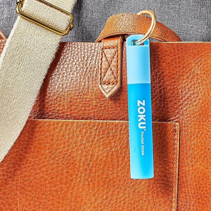 ZOKU Reusable Metal Straw with Case for Travel, Blue - Collapsible Stainless Steel Drinking Straw with Silicone Tip and Cleaner Brush, Ideal for Key Chains, Pockets, Purses
