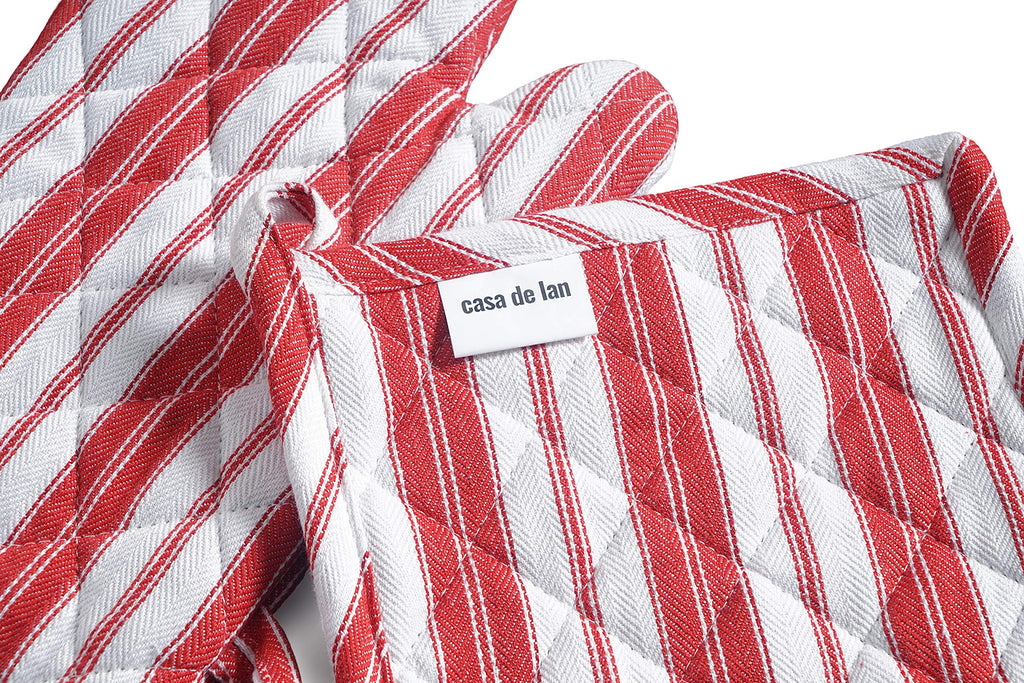 1 Oven Mitt, 1 PotHolder & 1 Kitchen Apron Set - Durable Heat Resistant Gloves - Thick Mittens for Kitchen - Suitable for Cooking, Baking, Grilling – Men & Women – Bright Red Stripes - Casa De Lan