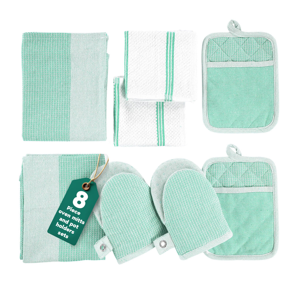 Casa Platino Potholders & Oven Mitts Heat Resistant, 8-Piece Mini Oven Mitt with Silicone Grip, Potholder for Kitchens, 2 Kitchen Towels & 2 Dish Cloths – Durable & Non-Slip – Sage